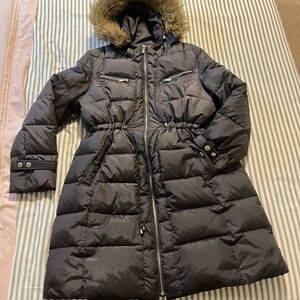 Grey Puffer Coat with Fur Hood